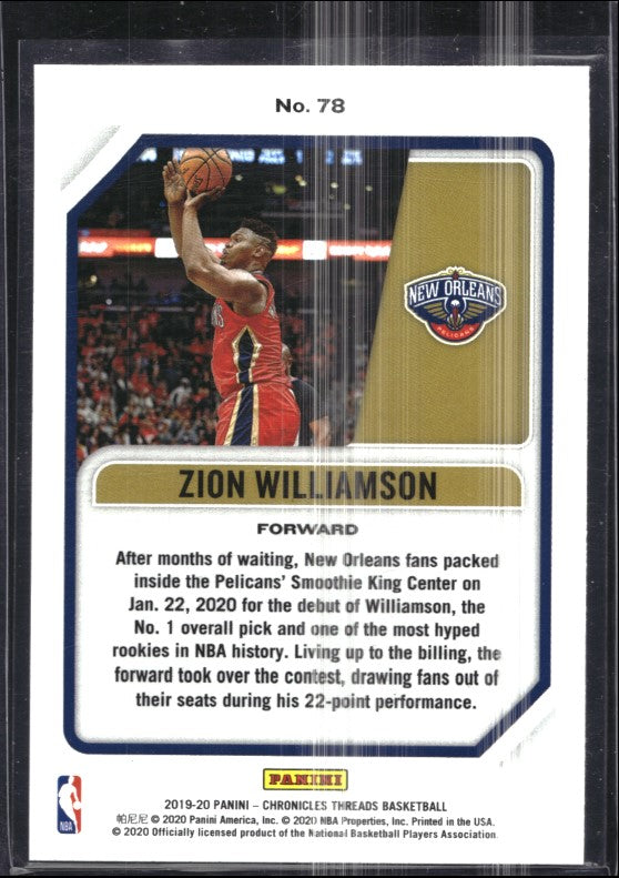 2019-20 Chronicles Zion Williamson Threads Rookie Teal No 78