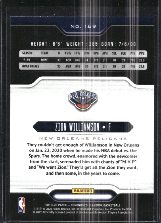 2019-20 Chronicles ZION WILLIAMSON Playbook Rookie Green #169