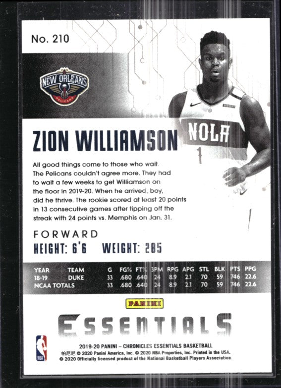 2019-20 Chronicles Zion Williamson Essentials Rookie Bronze No 210