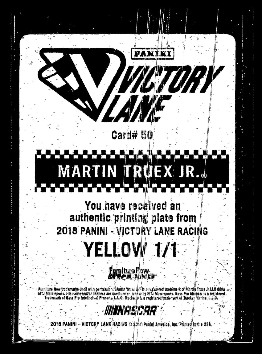 2018 Victory Lane Martin Truex Jr. Printing Plate 1/1 Yellow Card No 50