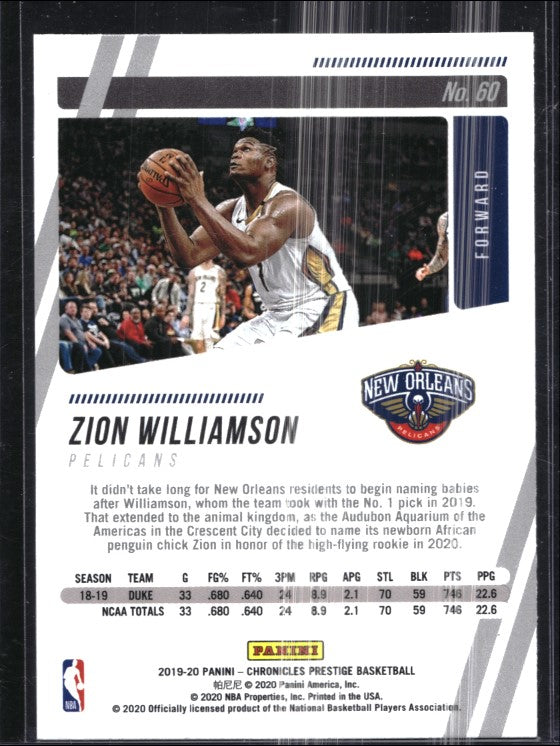2019-20 Chronicles ZION WILLIAMSON Prestige Rookie Bronze #60