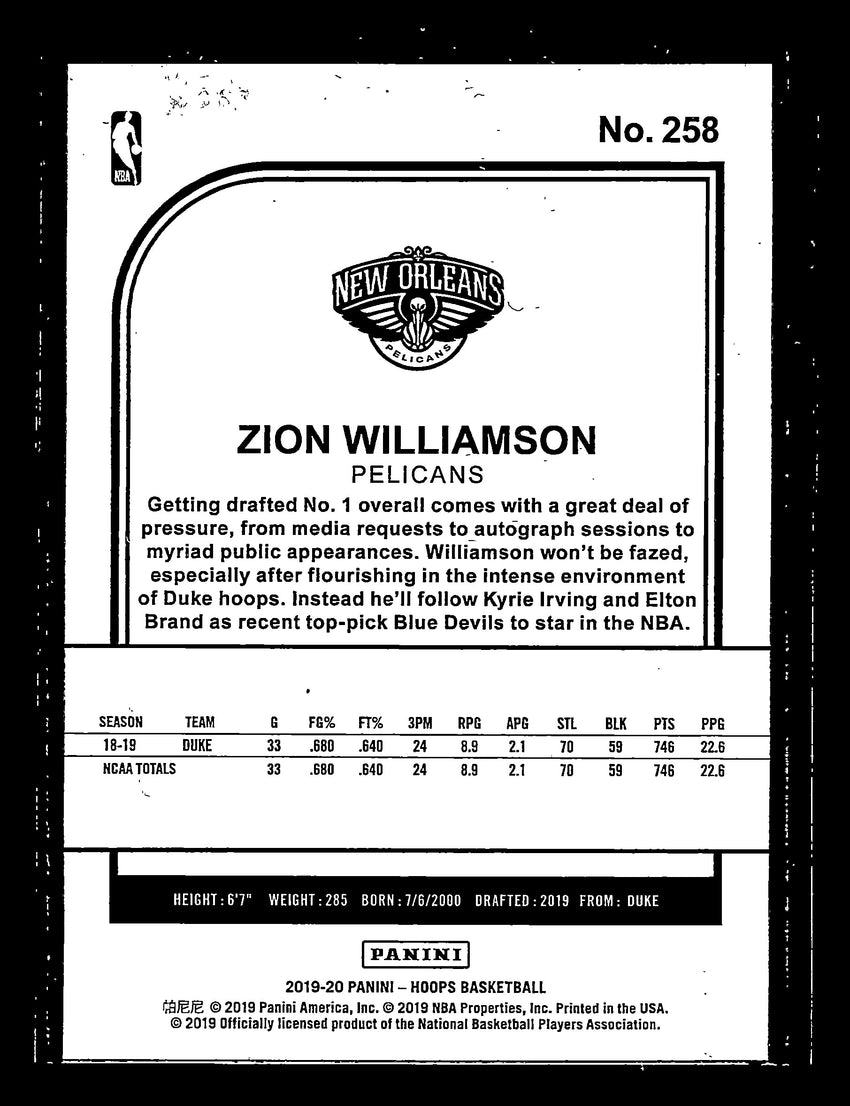 2019-20 Hoops ZION WILLIAMSON Rookie Winter Variation #258