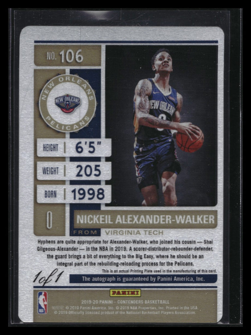 2019-20 Contenders Nickeil Alexander-walker Rookie Ticket Auto Plate 1/1 Yellow