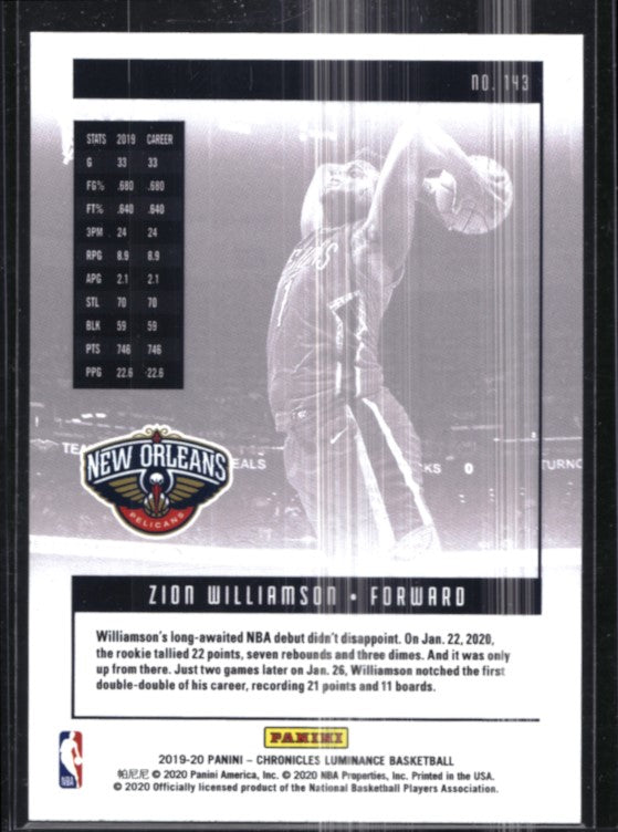 2019-20 Chronicles Zion Williamson Luminance Rookie Green No 143