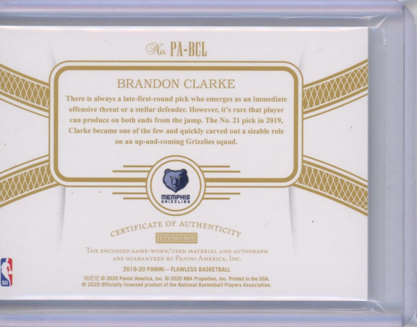 2019-20 Flawless Brandon Clarke Rookie Patch Auto Ruby Red 12/15
