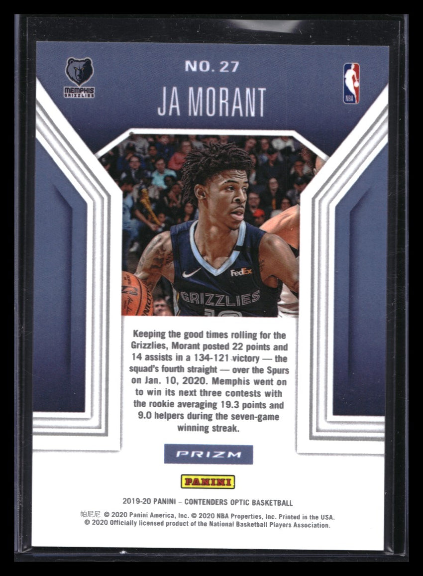2019-20 Contenders Optic Ja Morant Playing Numbers Game Rookie Silver Prizm No 27