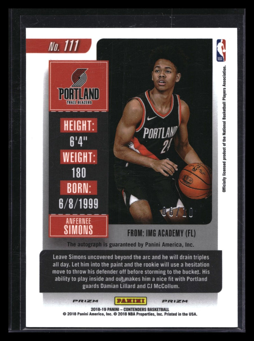 2018-19 Contenders Anfernee Simons Rookie Ticket Auto Premium Gold 6/10
