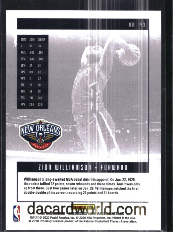 2019-20 Chronicles Zion Williamson Luminance Rookie Bronze No 143