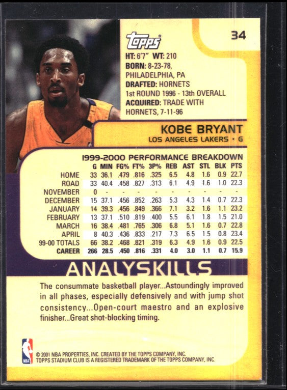 2000-01 Topps Stadium Club Kobe Bryant Base No 34