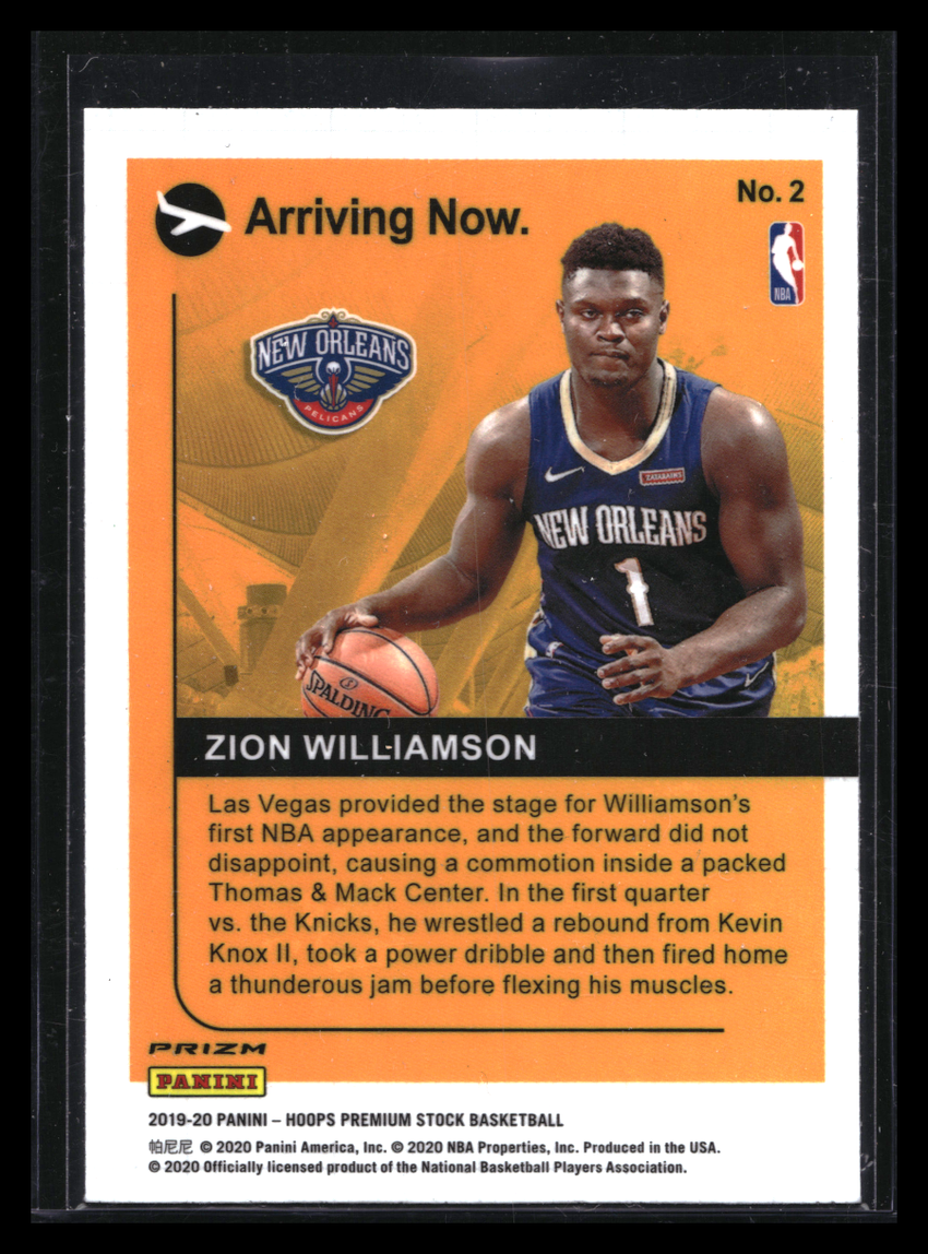 2019-20 Hoops Premium Stock Zion Williamson Arriving Now Rookie Silver No 2