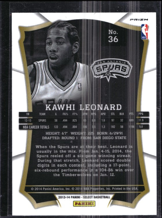2013-14 Select Kawhi Leonard Silver Prizm No 36