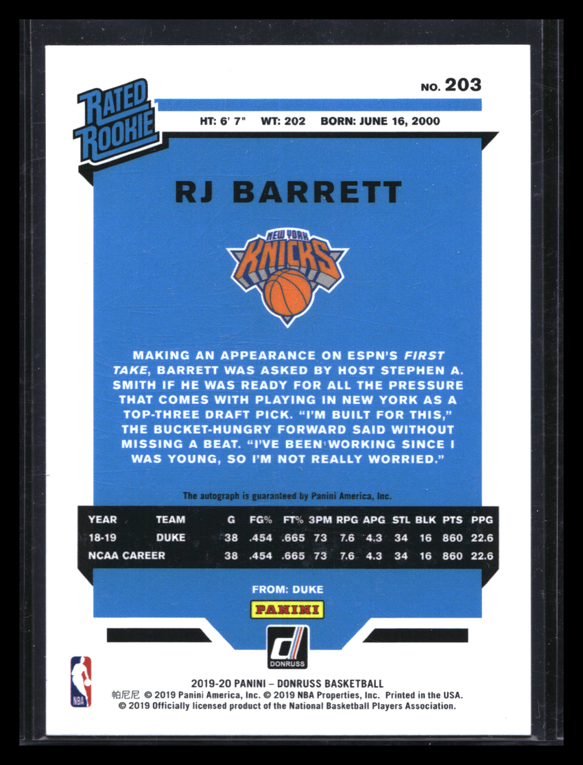 2019-20 Donruss Rj Barrett Choice Rated Rookie Signatures Auto Blue Mojo 31/35