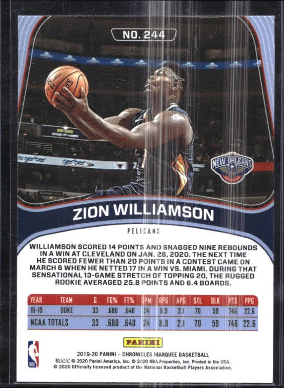 2019-20 Chronicles ZION WILLIAMSON Marquee Rookie Pink #244