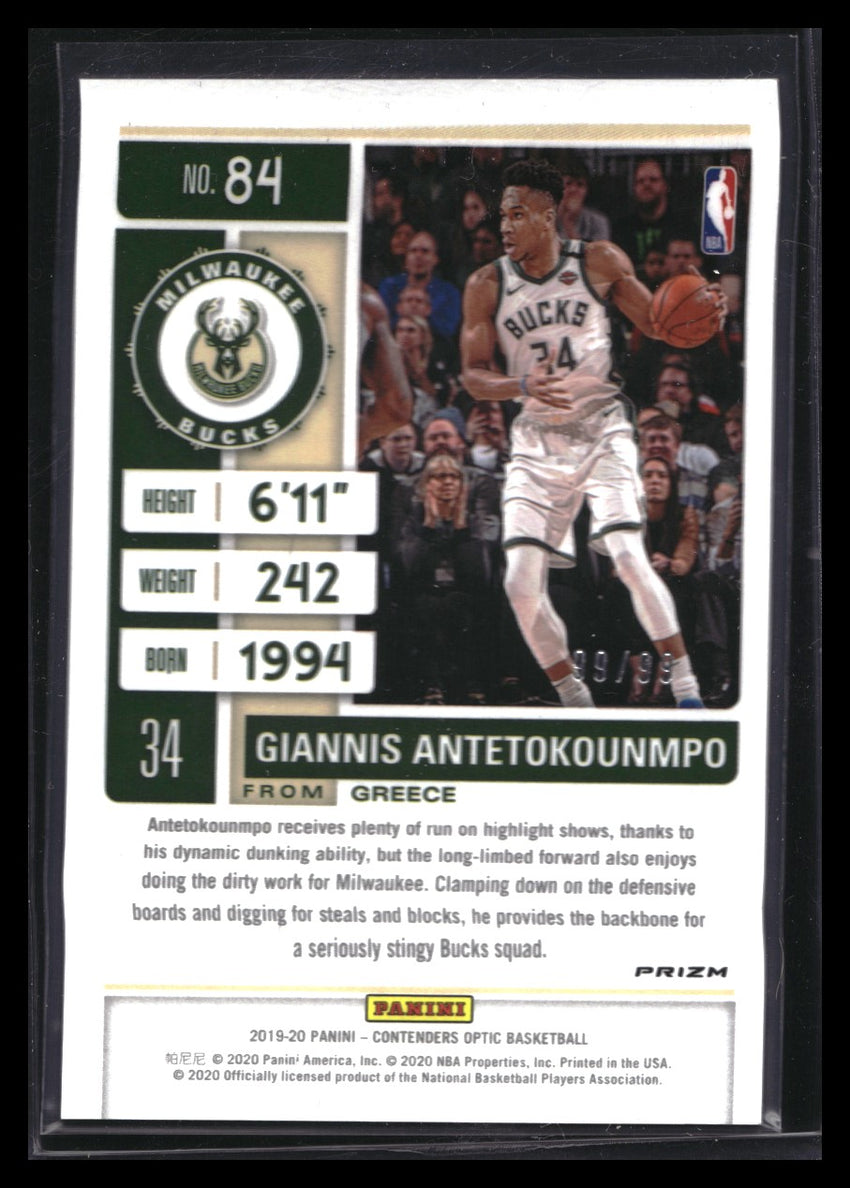 2019-20 Contenders Optic Giannis Antetokounmpo Season Ticket Blue Prizm 99/99