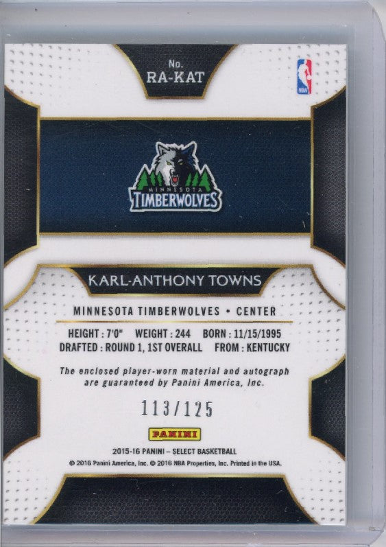 2015-16 Select Karl-anthony Towns Rookie Jersey Auto Base 113/125
