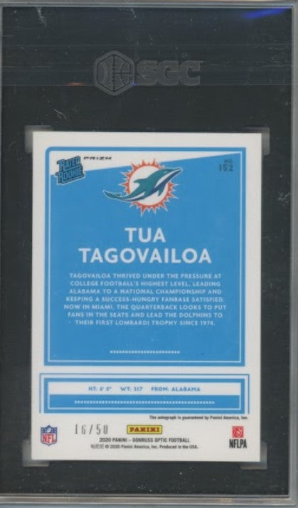 2020 Donruss Optic Tua Tagovailoa Rated Rookie Auto Red Prizm 16/50 SGC 9/10