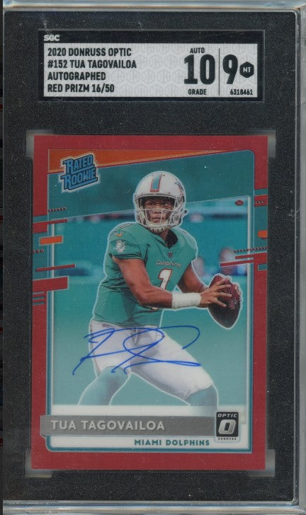 2020 Donruss Optic Tua Tagovailoa Rated Rookie Auto Red Prizm 16/50 SGC 9/10