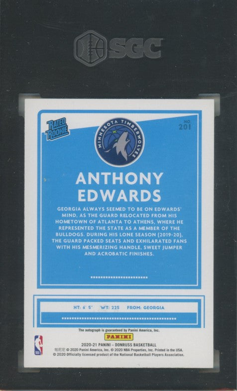 2020-21 Donruss Anthony Edwards Holo Yellow Laser Auto No 201 Sgc 10/10 334
