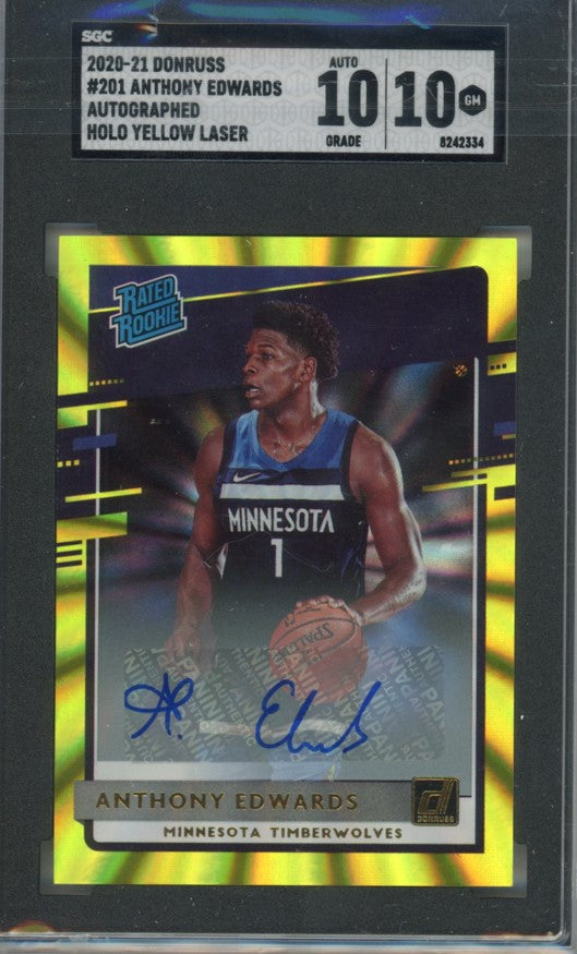 2020-21 Donruss Anthony Edwards Holo Yellow Laser Auto No 201 Sgc 10/10 334