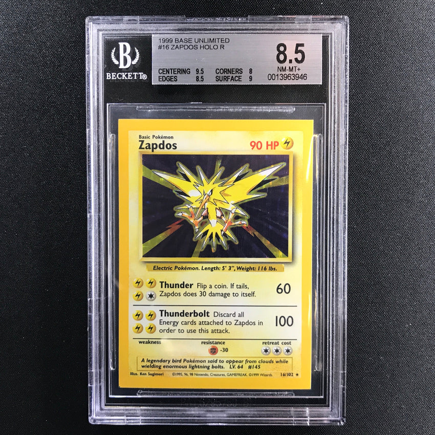 BGS 8.5 Zapdos - 16/102 - Holo Rare Base Set Unlimited Square Cut 946 Cherry Collectables BGS 8.5 Zapdos - 16/102 - Holo Rare Base Set Unlimited Square Cut 946 Cherry Collectables